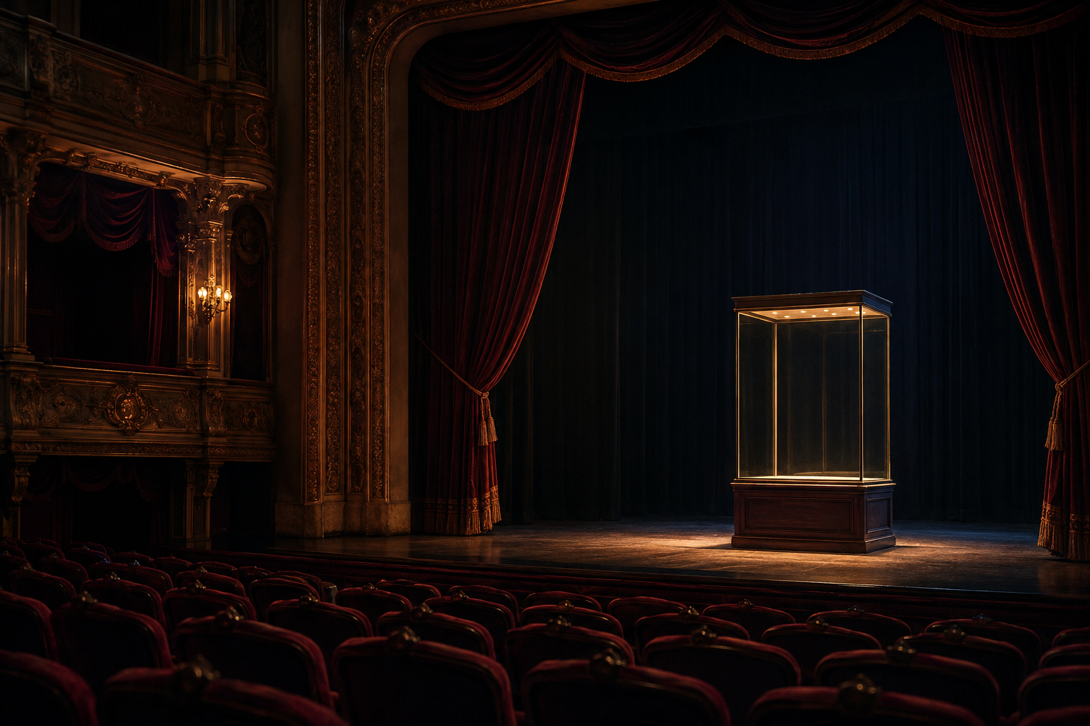 Escenario de un teatro con una vitrina vacía iluminada